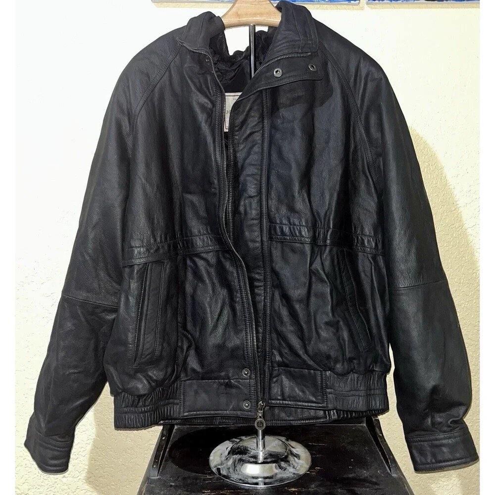 Men’s Leather Biker Jacket John Ashford Outdoors Size Large Black Full Zip